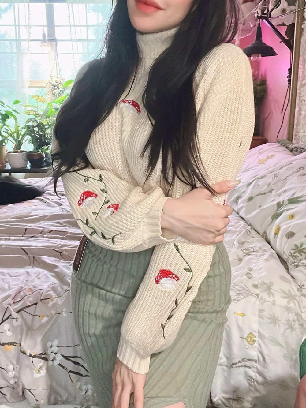 ROMWE Cream Turtleneck Sweater with Red Mushroom Embroidery